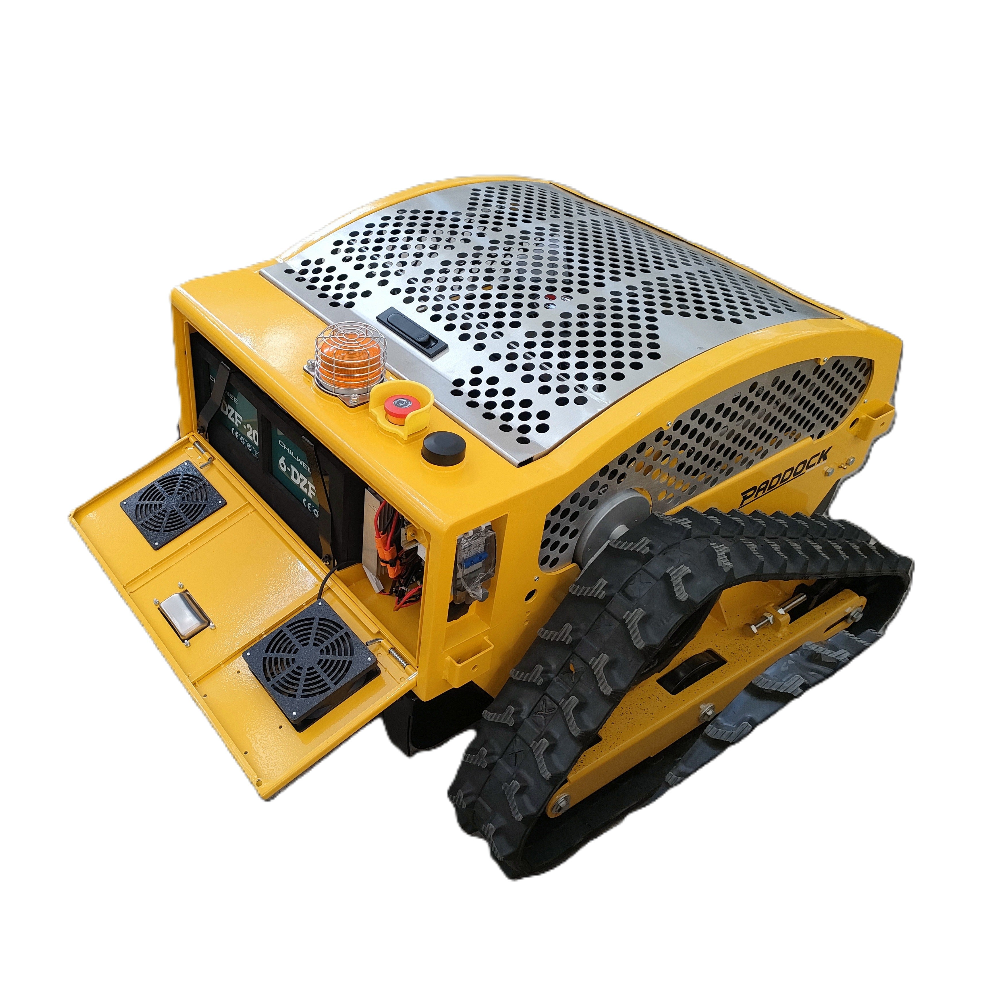 The Paddock Remote Controlled Mower 7.5HP - 530mm by Paddock features yellow tracks, metal vents, and an open compartment with visible wiring, designed for rugged terrain and remote operation.