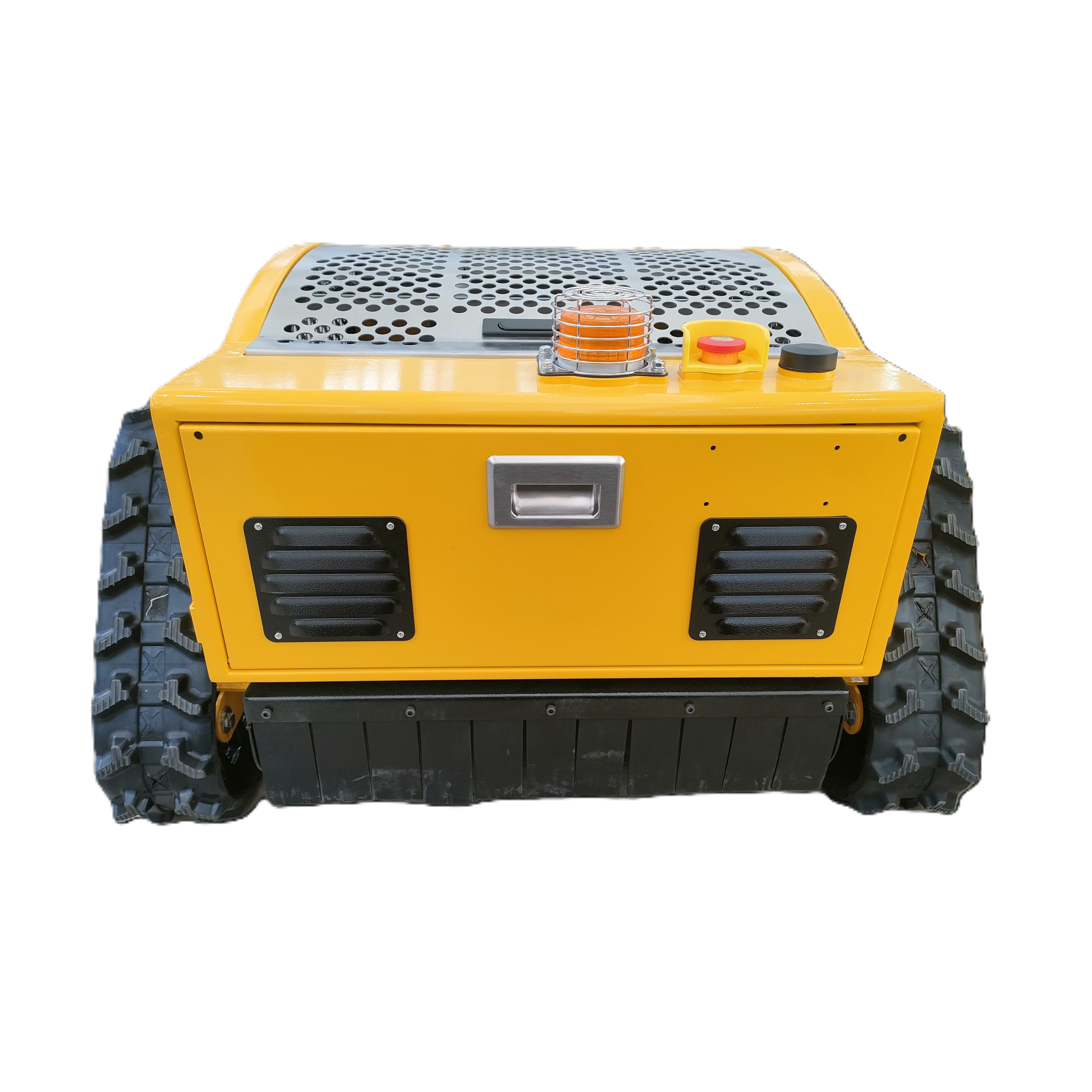 The Paddock Remote Controlled Mower 7.5HP - 530mm by Paddock is a compact, yellow tracked vehicle with perforated metal panels, control buttons, indicator lights, and rugged black treads for advanced mowing functionality.