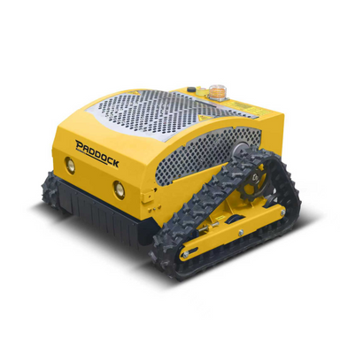 Yellow tracked radio controlled 530mm mower with 'Paddock' branding 