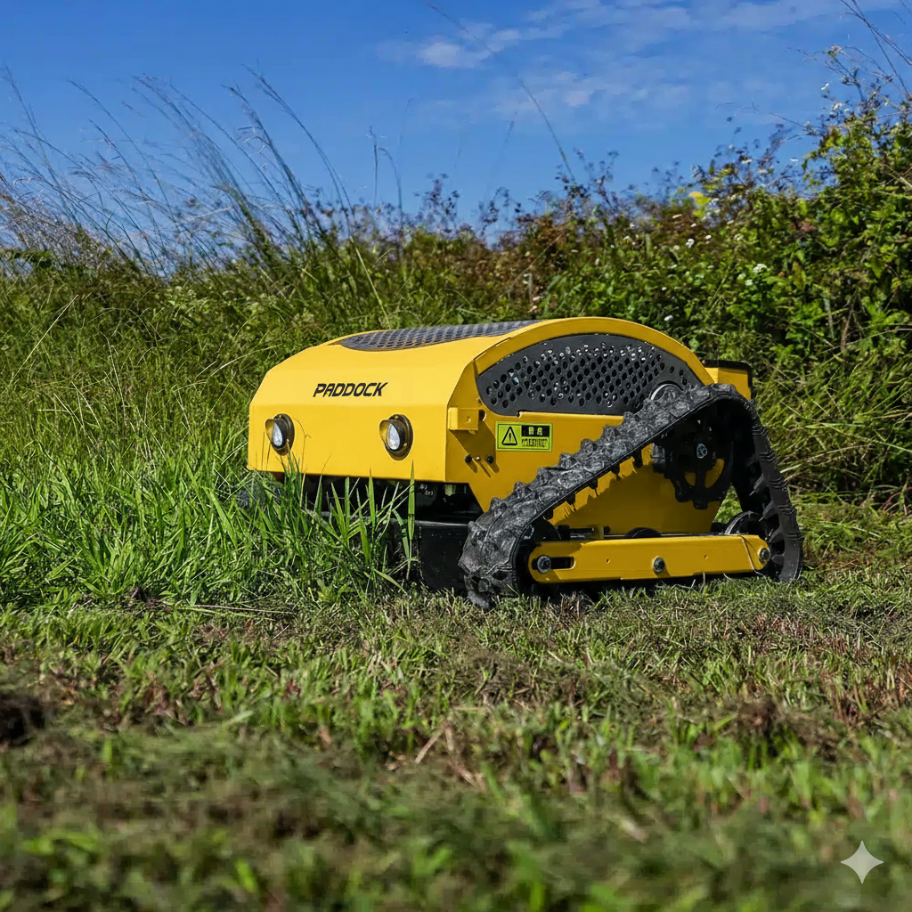 A yellow Paddock Remote Controlled Mower 7.5HP - 530mm with a track drive and 4-stroke petrol engine cuts tall grass in an outdoor field under a blue sky.
