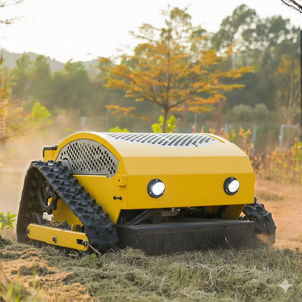 The Paddock Remote Controlled Mower 7.5HP - 530mm, by Paddock, operates autonomously across dry grass outdoors, with trees and shrubs in the background under natural light.