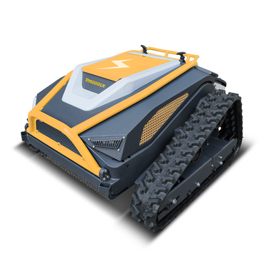 The Paddock™ Remote Controlled Mower 3kW Full Electric - 585mm by Paddock is a black and yellow robotic mower featuring tank-like treads, angled edges, a vented side panel, and a lightning bolt symbol on top. Powered by a lithium iron phosphate battery, it is designed for outdoor or rough terrain use.