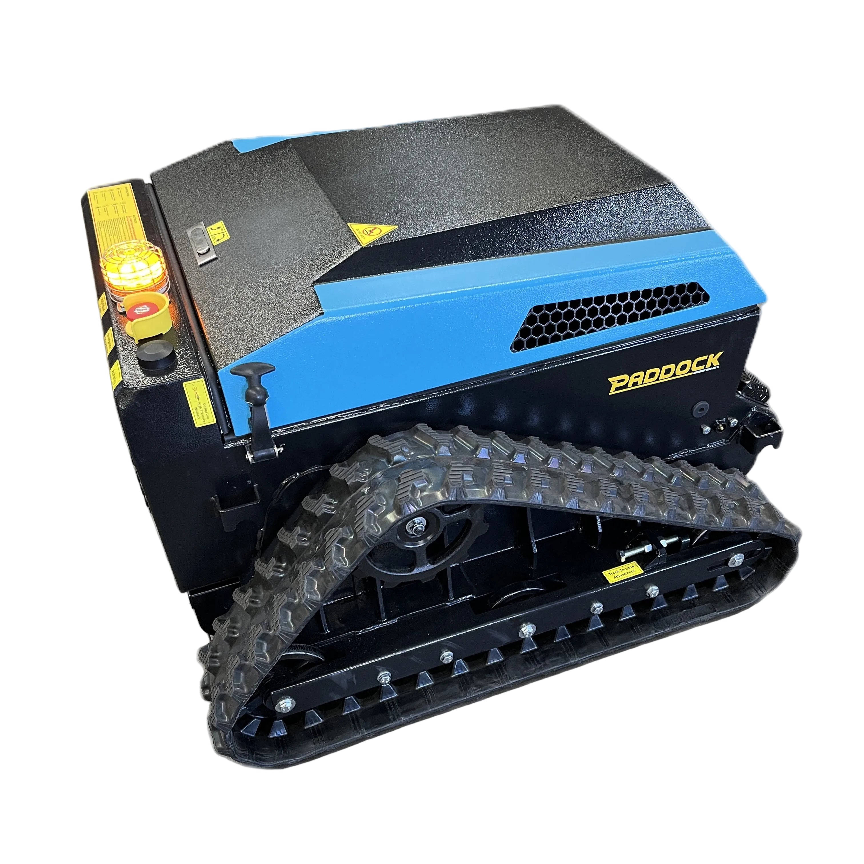 The Paddock Remote Controlled Mower 3kW Electric - 585mm is a compact blue and black tracked machine with a rugged drive system, control panel, and side vents—perfect for mowing, shown isolated on a white background.