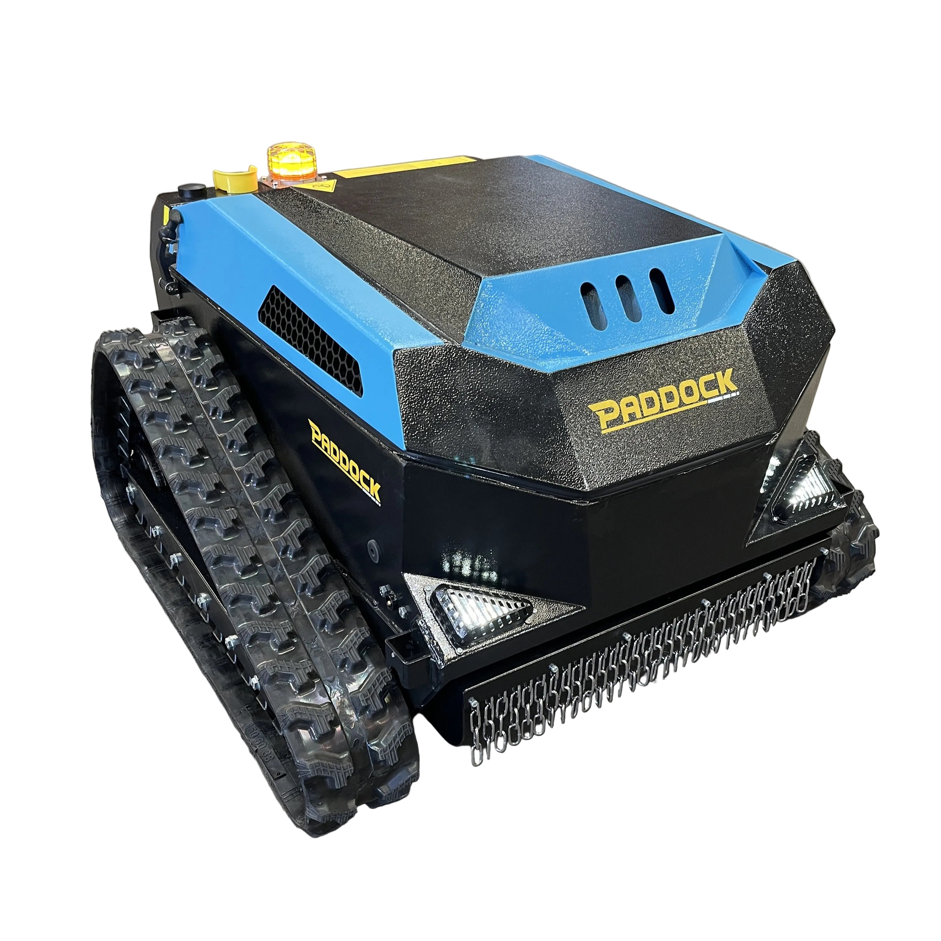 The Paddock Remote Controlled Mower 3kW Electric - 585mm is a blue and black mower with rugged tank-like tracks, LED headlights, Paddock branding, and a yellow warning light for tough terrain.