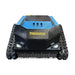 A black and blue Paddock Remote Controlled Mower 3kW Electric (585mm) with headlights and rugged tracks is shown from the front against a white background.