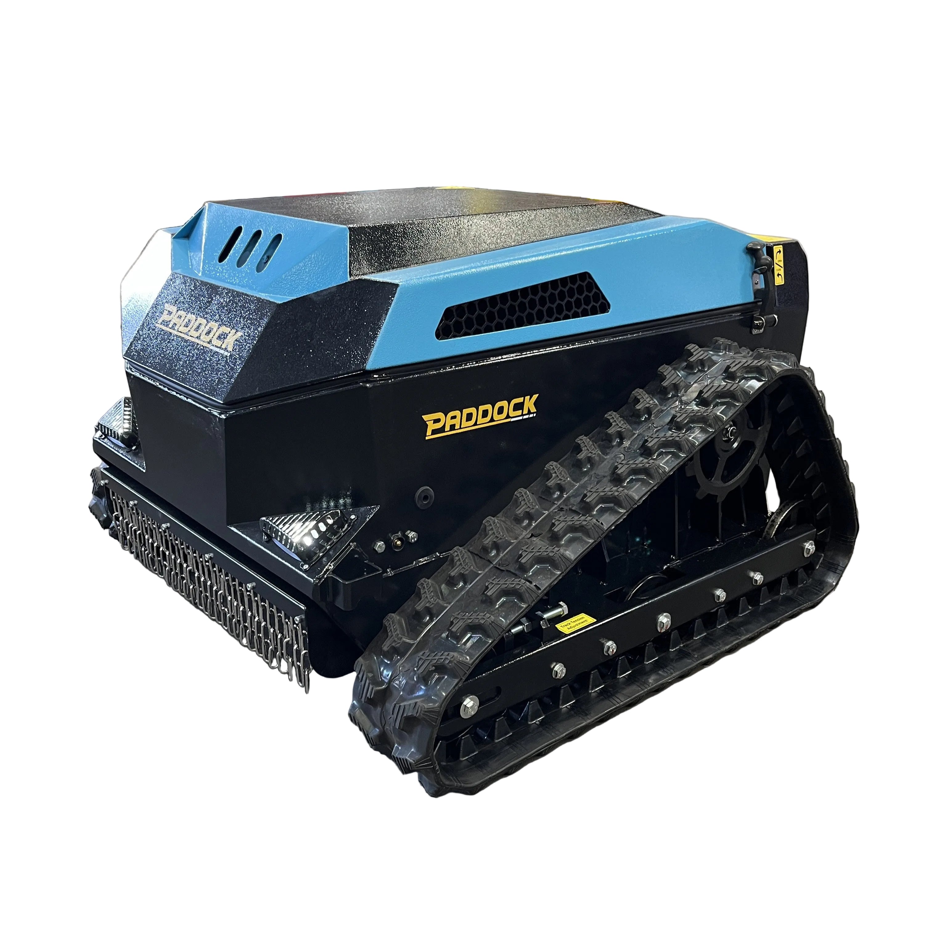 The Paddock Remote Controlled Mower 3kW Electric - 585mm is a rugged, blue and black tracked vehicle with a durable exterior and metal track drive, designed by Paddock for outdoor or industrial use.