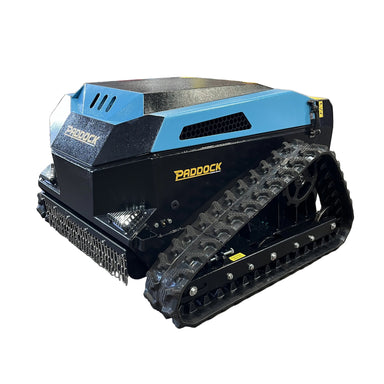 The Paddock Remote Controlled Mower 3kW Electric - 585mm is a rugged, blue and black tracked vehicle with a durable exterior and metal track drive, designed by Paddock for outdoor or industrial use.