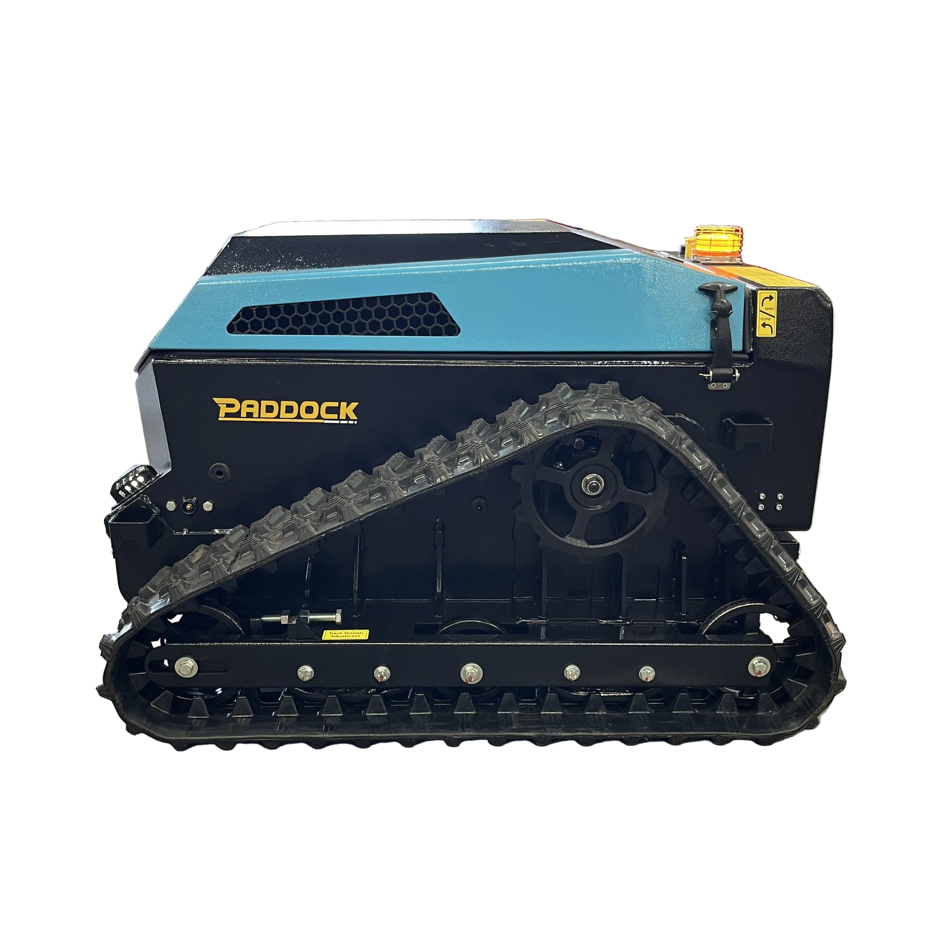 The Paddock Remote Controlled Mower 3kW Electric - 585mm is a blue and black tracked vehicle with a rugged drive system, lithium iron phosphate battery, yellow warning light, and “PADDOCK” branding.