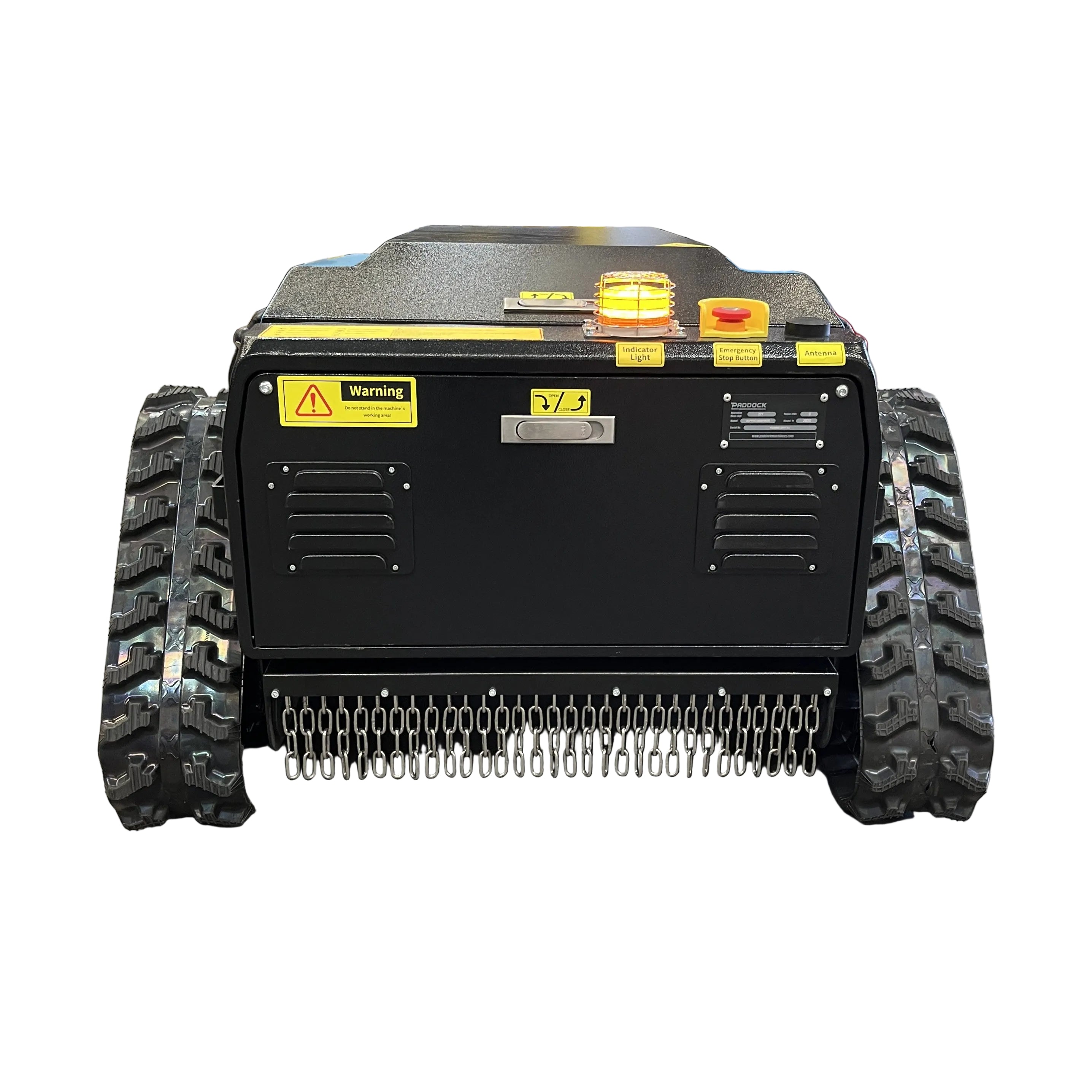 The Paddock Remote Controlled Mower 3kW Electric - 585mm is a black, tracked machine with rugged treads, warning labels, emergency stop and control buttons, viewed from the front against a white background.