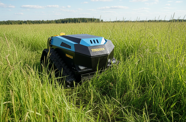 A Paddock Remote Controlled Mower 3kW Full Electric - 585mm in blue and black effortlessly cuts tall grass in a large open field beneath a blue sky with scattered clouds.