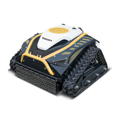 A black and yellow tracked robotic mower with a white top, labeled Paddock, featuring tank-like treads reminiscent of a track drive mower and a mesh brush on the front—designed for reliable performance even on challenging terrain. This is the Paddock™ Remote Controlled Mower 16HP - 740mm by Paddock.