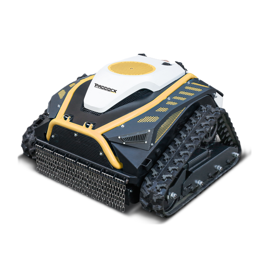 A black and yellow tracked robotic mower with a white top, labeled Paddock, featuring tank-like treads reminiscent of a track drive mower and a mesh brush on the front—designed for reliable performance even on challenging terrain. This is the Paddock™ Remote Controlled Mower 16HP - 740mm by Paddock.