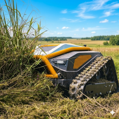 The Paddock™ Remote Controlled Mower 16HP - 740mm by Paddock, equipped with tank-like treads, expertly handles slope mowing and cuts tall grass in a rural field beneath a blue sky with scattered clouds.