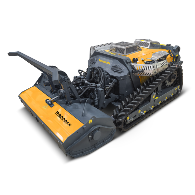 The Paddock™ Remote Controlled Mower/Slasher/Mulcher 35HP - 1150mm by Paddock is a yellow and black tracked robotic mower featuring industrial blades and visible mechanical parts, engineered for heavy-duty land clearing and vegetation management tasks.