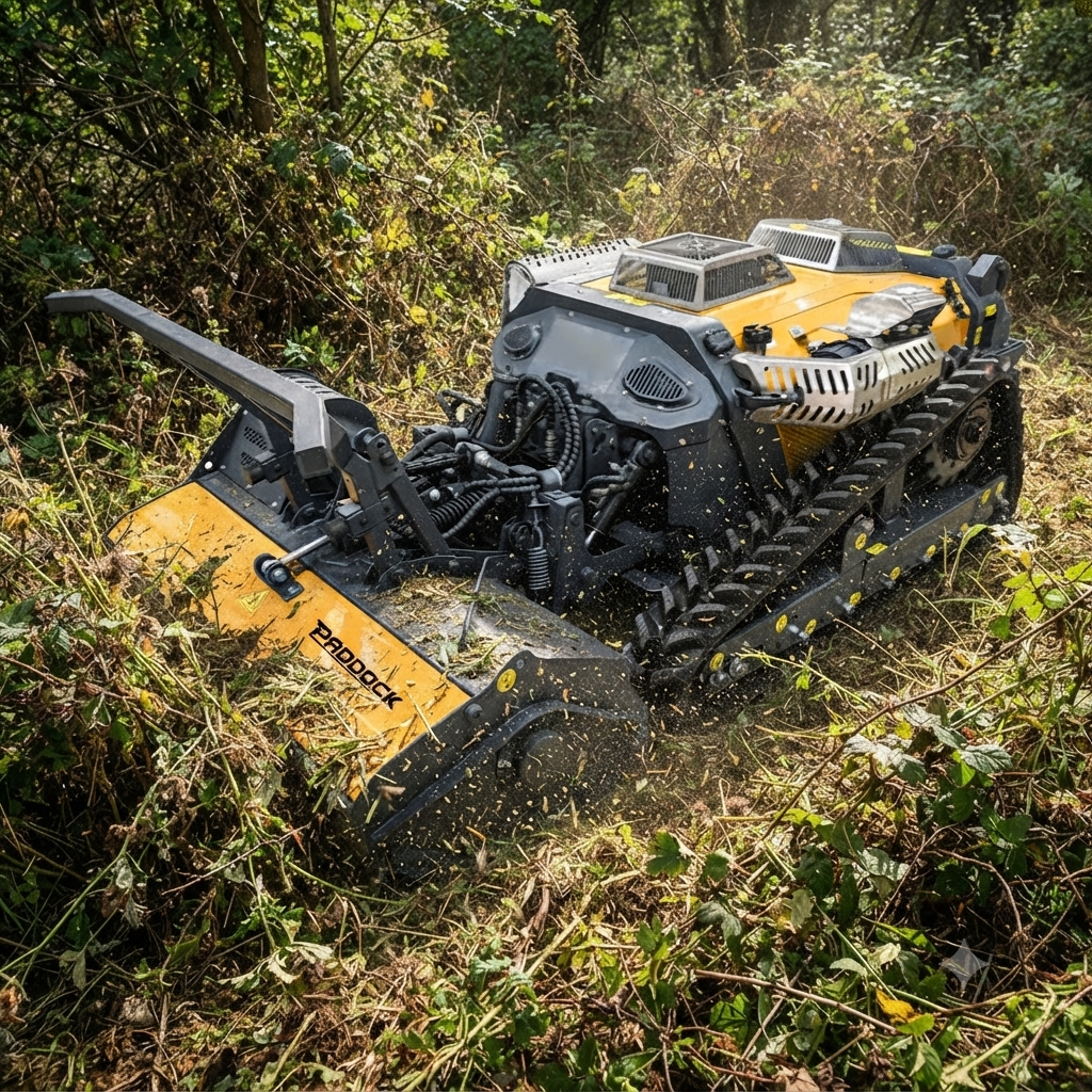A Paddock™ Remote Controlled Mower/Slasher/Mulcher 35HP - 1150mm, featuring a durable yellow and black body, trims thick vegetation in a dense, overgrown area. This Paddock slope mower is equipped with a robust track drive system, enabling it to navigate challenging terrain with ease.
