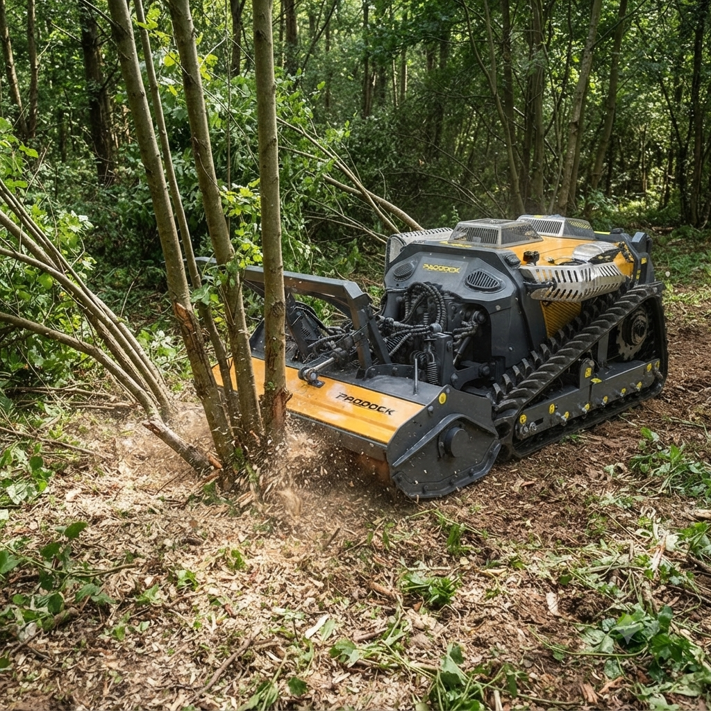 The Paddock™ Remote Controlled Mower/Slasher/Mulcher 35HP - 1150mm by Paddock mulches small trees and brush on a forest floor, surrounded by greenery and scattered branches.