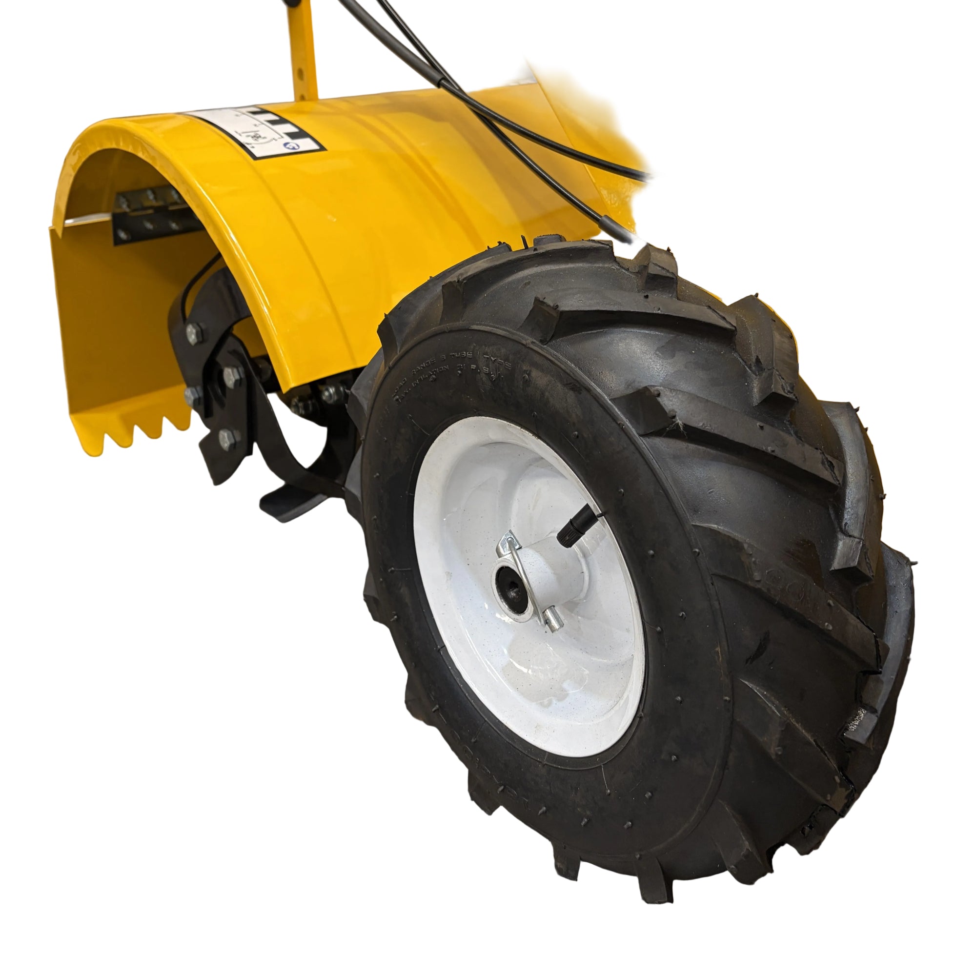 Paddock™ Walk Behind Rear Tine Tiller featuring a yellow frame, large black pneumatic tire, metal blade guard, and a Briggs & Stratton engine.