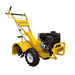 Yellow Paddock™ Walk Behind Rear Tine Tiller with a black engine and knobby tires.