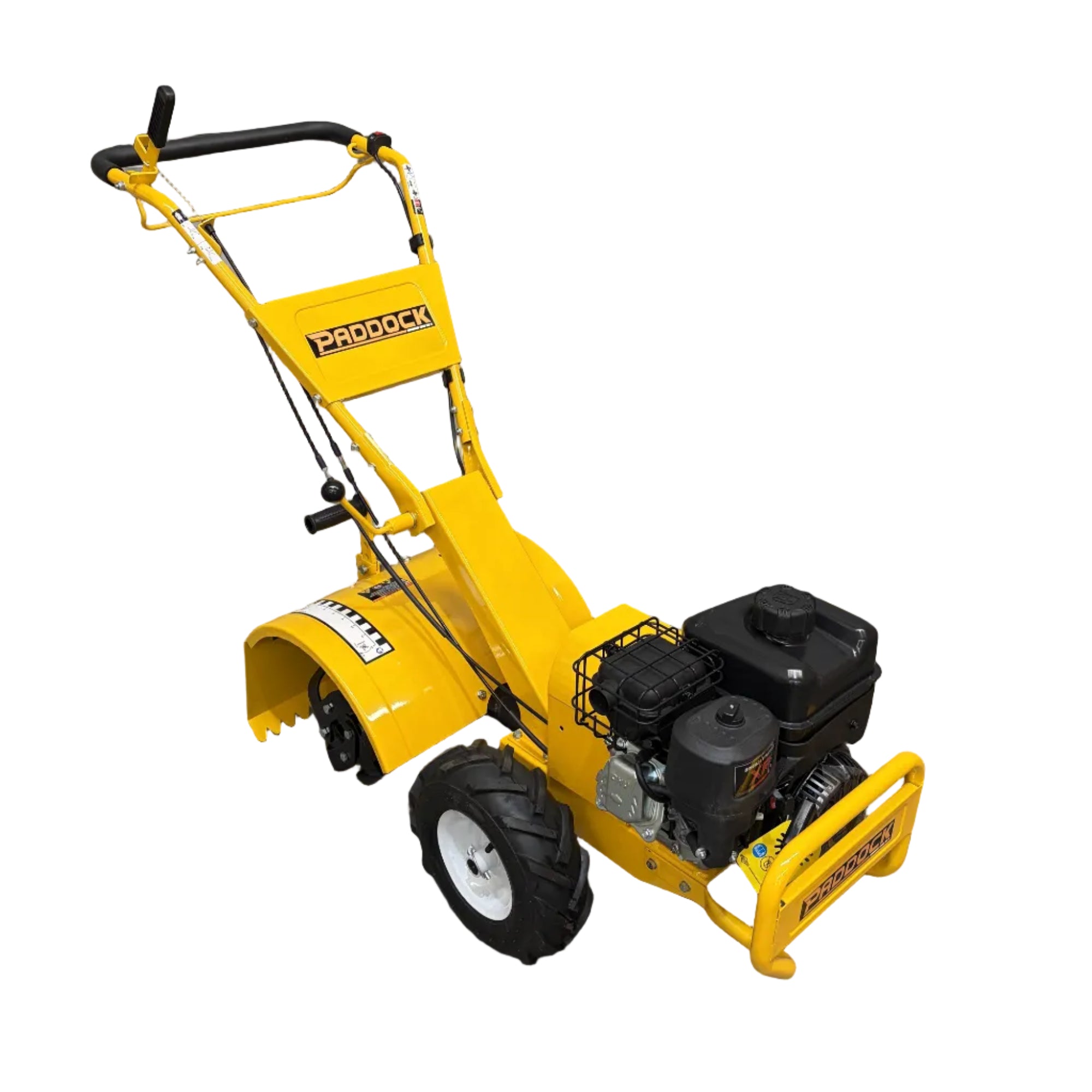 Yellow Paddock™ Walk Behind Rear Tine Tiller with a gas engine, large treaded tires, and an adjustable handlebar, serving as a powerful garden cultivator.