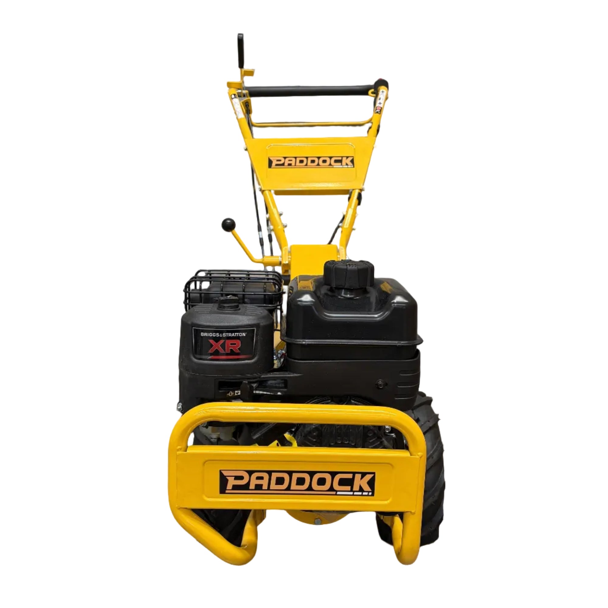 Yellow Paddock™ Walk Behind Rear Tine Tiller with a black Briggs & Stratton engine and handle grips.