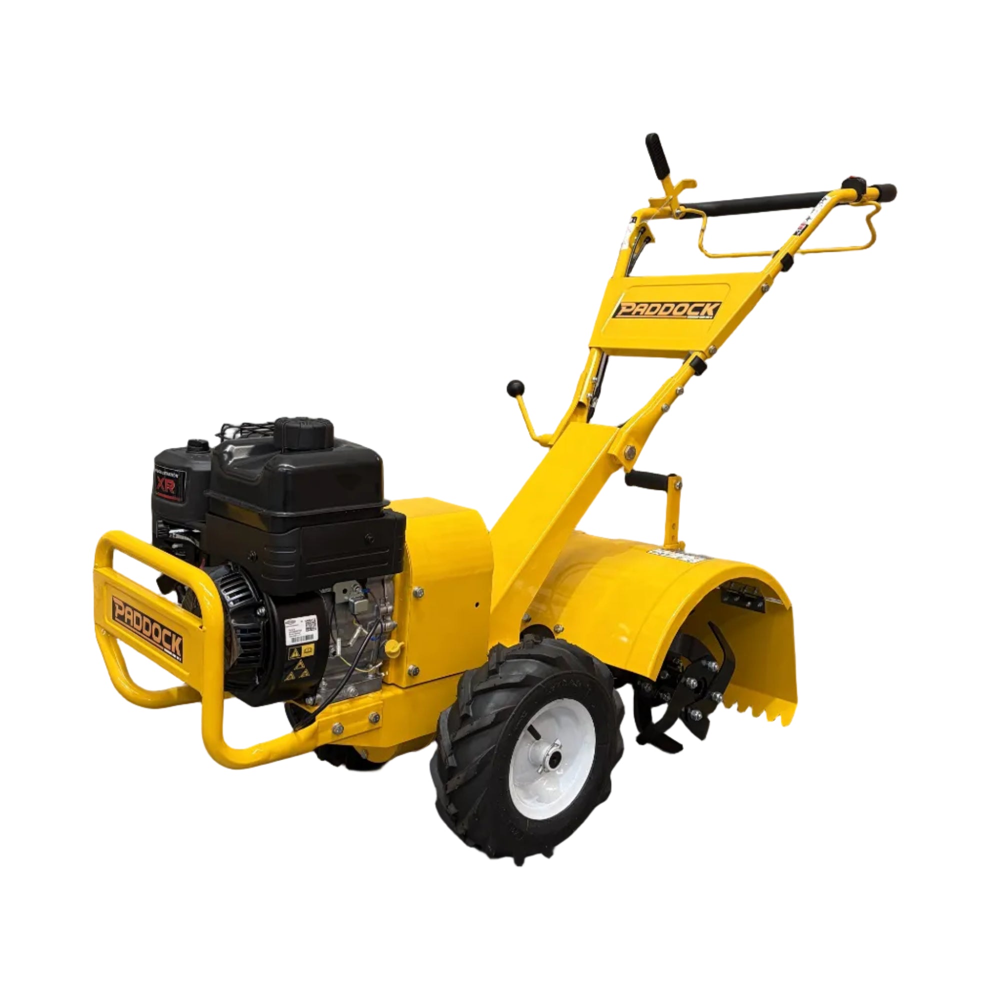 Yellow Paddock™ Walk Behind Rear Tine Tiller with a black Briggs & Stratton engine and two lugged tires.