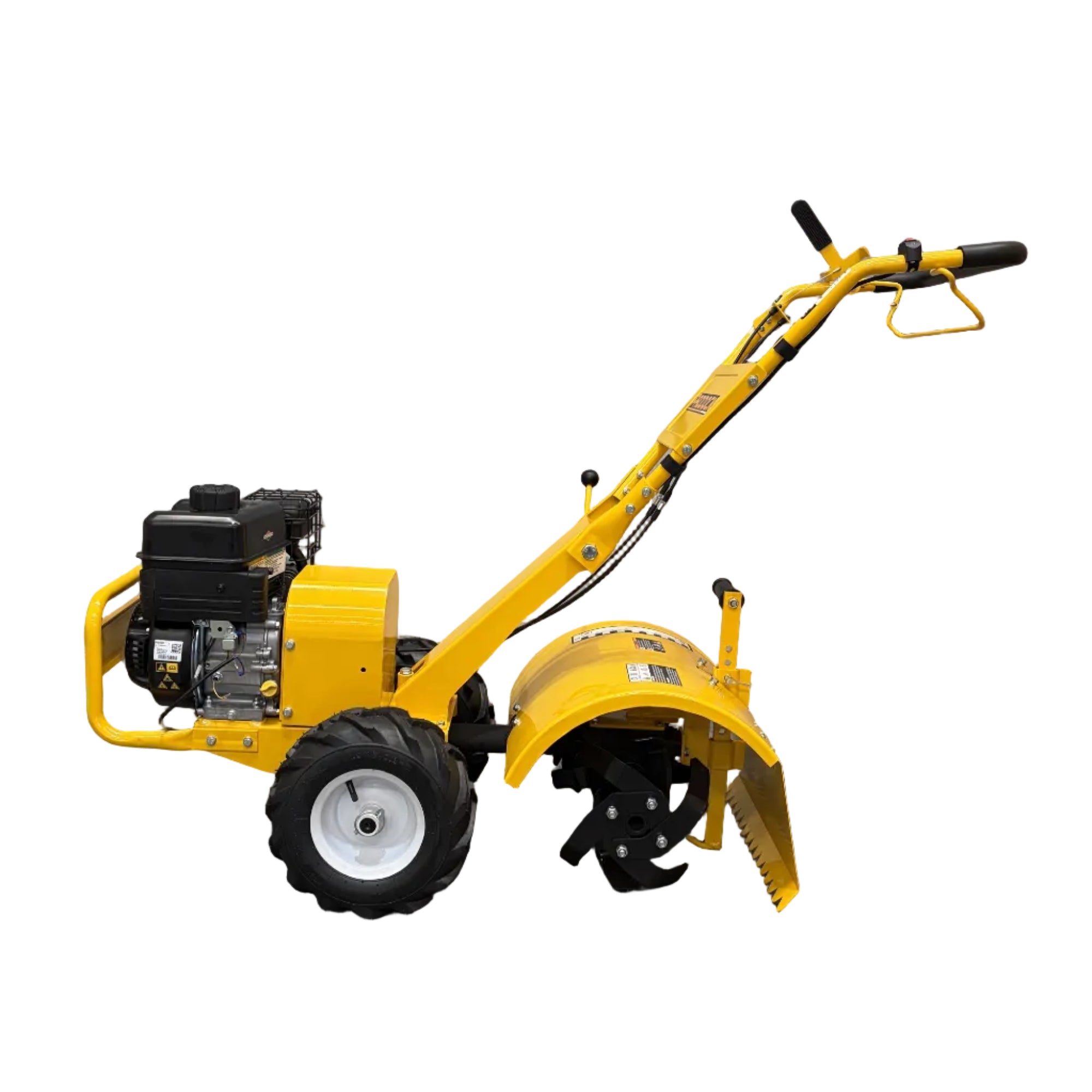 Yellow Paddock™ Walk Behind Rear Tine Tiller with black wheels and a rotating metal garden cultivator.
