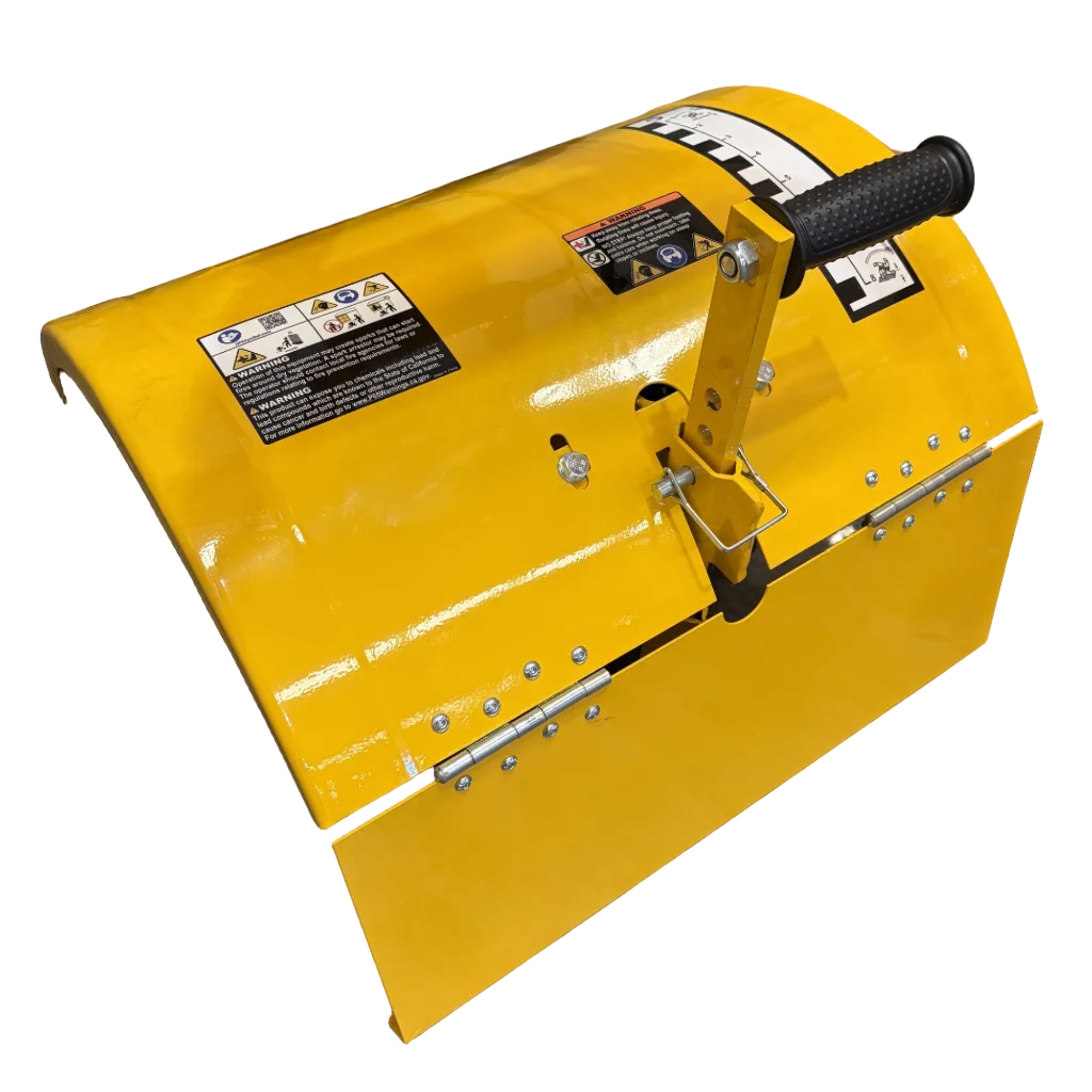Yellow metal Paddock™ Walk Behind Rear Tine Tiller hood with a black handle and integrated warning labels.