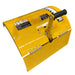 Yellow metal Paddock™ Walk Behind Rear Tine Tiller hood with a black handle and integrated warning labels.