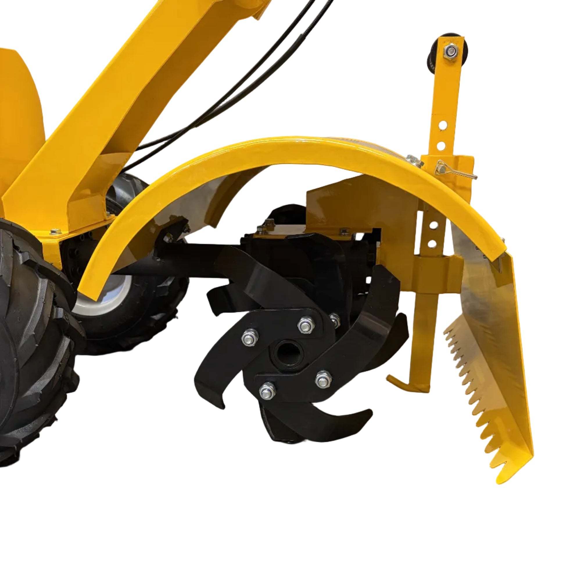 Yellow Paddock™ Walk Behind Rear Tine Tiller with a dark metal cultivator and a serrated metal soil shield, powered by a Briggs & Stratton engine.