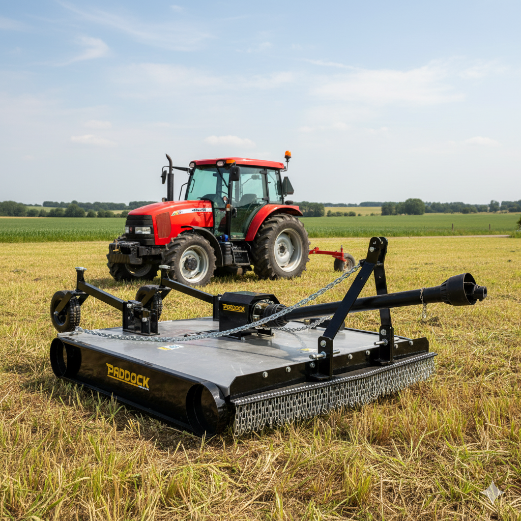 A red tractor with a Paddock 4.6ft Tractor PTO Slasher is parked in a field, its galvanised steel frame gleaming amid grass and farmland under a partly cloudy sky.