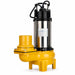 A Paddock Dirty Water Submersible Pump by Paddock, featuring a yellow and silver high flow design with black cables, a metal label, and a durable construction, shown against a white background.