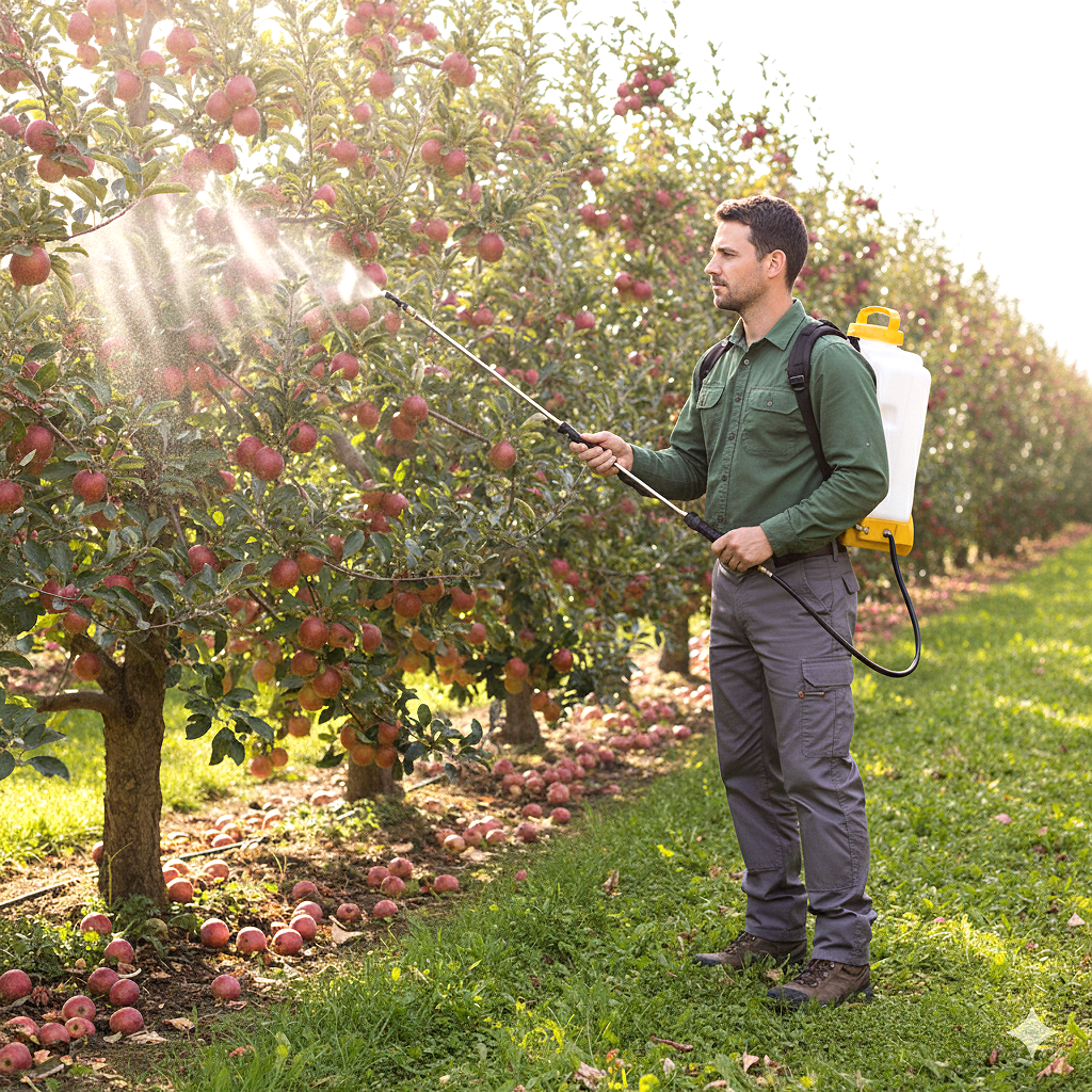 A man in a green shirt and gray pants uses the Paddock Power Sprayer by Paddock to treat apple trees heavy with ripe fruit in an orchard, with apples visible on both branches and the grass.