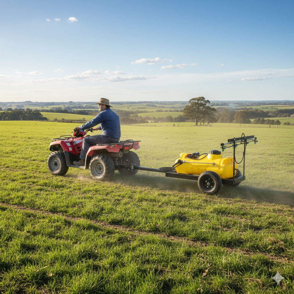 A Paddock Quad Bike & ATV Weed Sprayer by Paddock travels across a grassy field beneath a clear blue sky, with trees and distant farmland in the background.