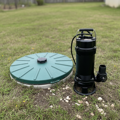 A Paddock Septic Tank Cutter Grinder Pump by Paddock with a non-clog impeller sits on grass next to a green round septic tank lid, with a fence and trees softly visible in the background.