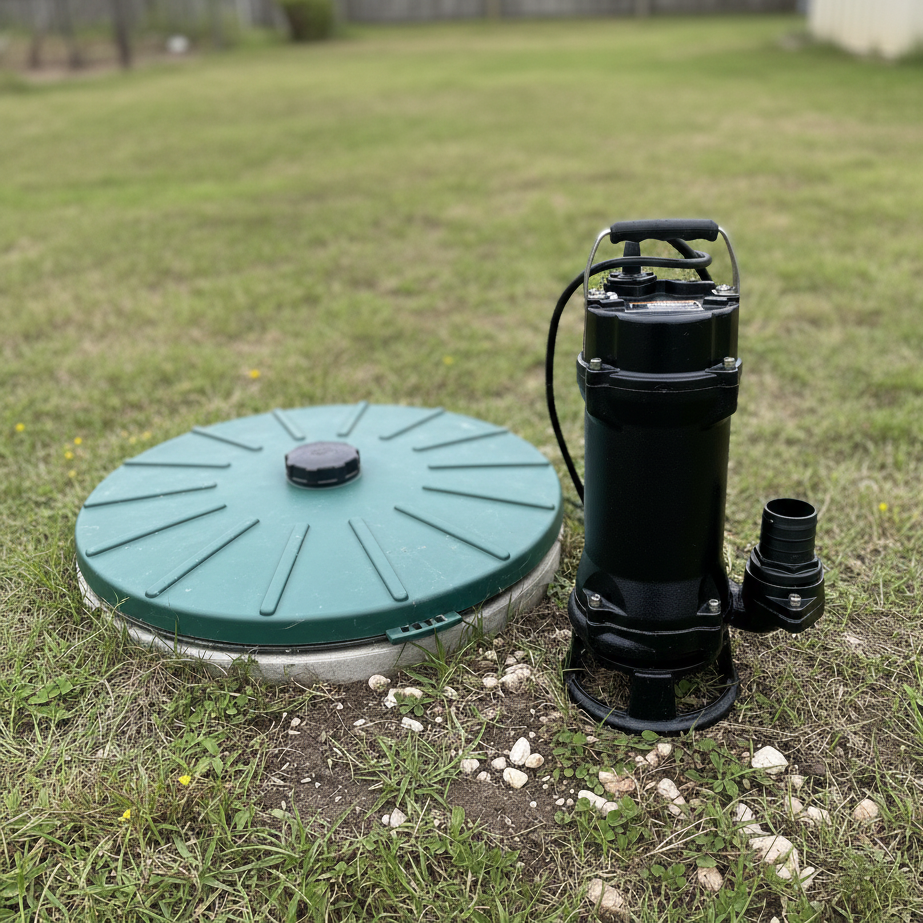 A Paddock Septic Tank Cutter Grinder Pump by Paddock with a non-clog impeller sits on grass next to a green round septic tank lid, with a fence and trees softly visible in the background.