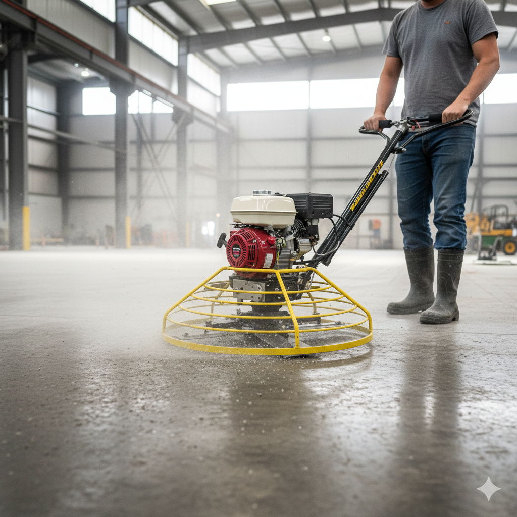A worker in boots uses a Paddock Honda Petrol Concrete Trowel by Paddock to smooth concrete inside a large industrial building, as dust rises from the floor while the machine operates.