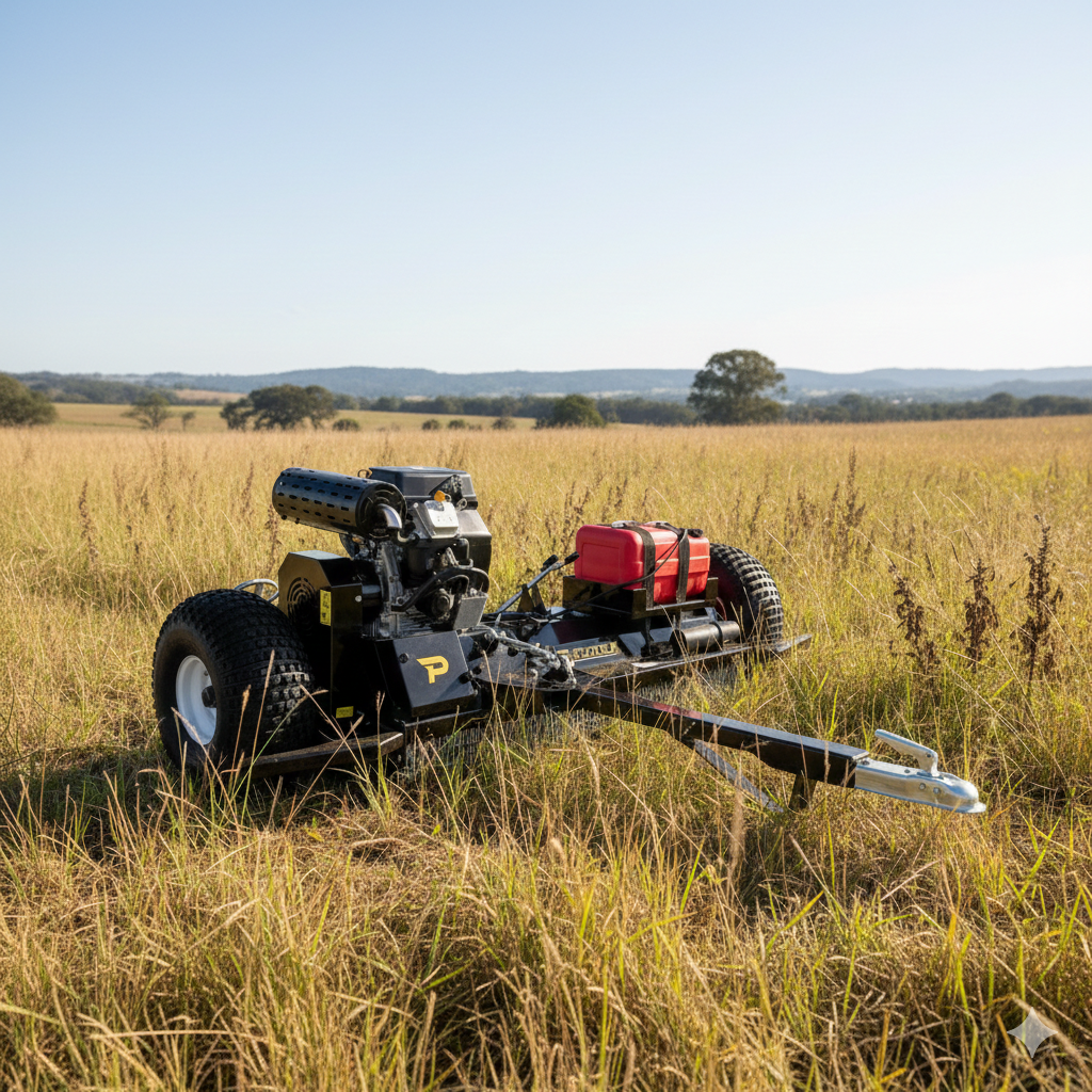 The Paddock Tow Behind Flail Mower by Paddock, featuring large wheels and red storage boxes, stands in a dry grassy field under a clear sky, powered by a Briggs and Stratton engine with hills and trees in the background.