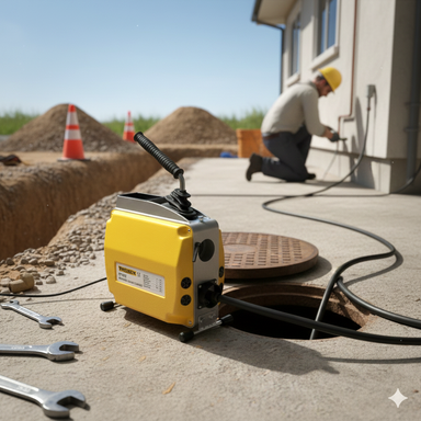 A worker in a hard hat repairs an outdoor electrical panel near a building, with a Paddock Portable Drain Cleaner by Paddock, a generator, and wrenches on concrete beside an open manhole and traffic cones.