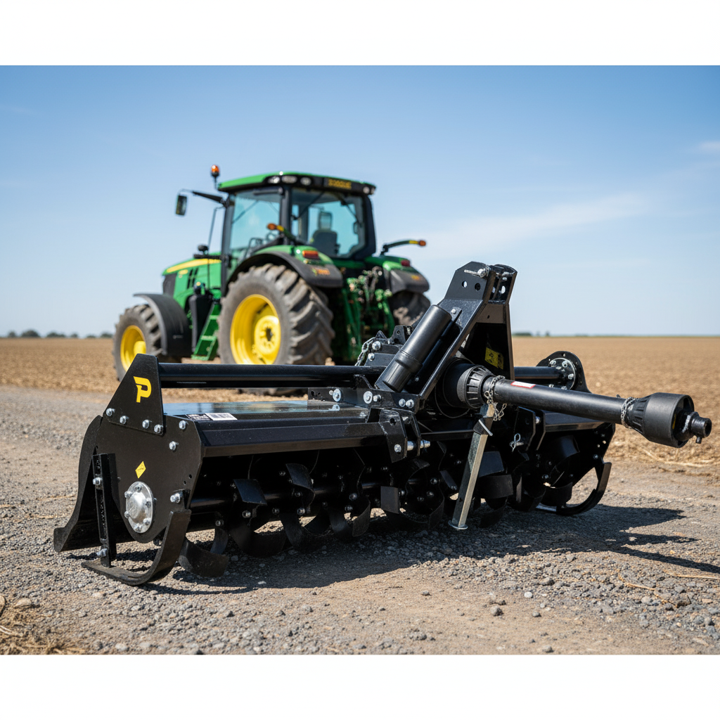 A Paddock Tractor is parked on a dirt road with a Paddock Tractor PTO Rotary Tiller attachment in the foreground. The scene is set in a rural open field beneath a clear sky.