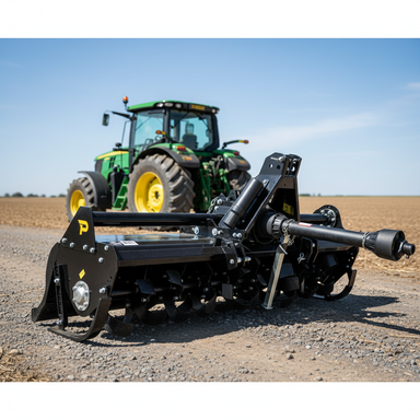 A Paddock Tractor is parked on a dirt road with a Paddock Tractor PTO Rotary Tiller attachment in the foreground. The scene is set in a rural open field beneath a clear sky.