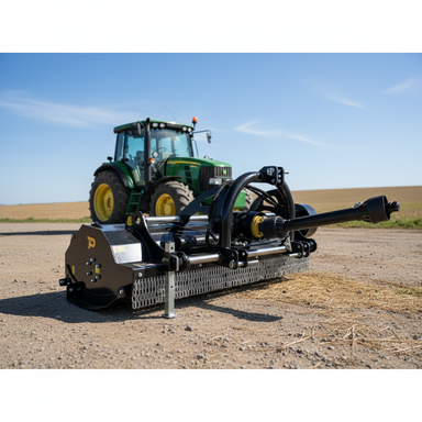 A green tractor is parked on a dirt road, while the Paddock Tractor PTO Flail Mower by Paddock, featuring chains and rotating parts, stands out in the foreground beneath a clear blue sky.