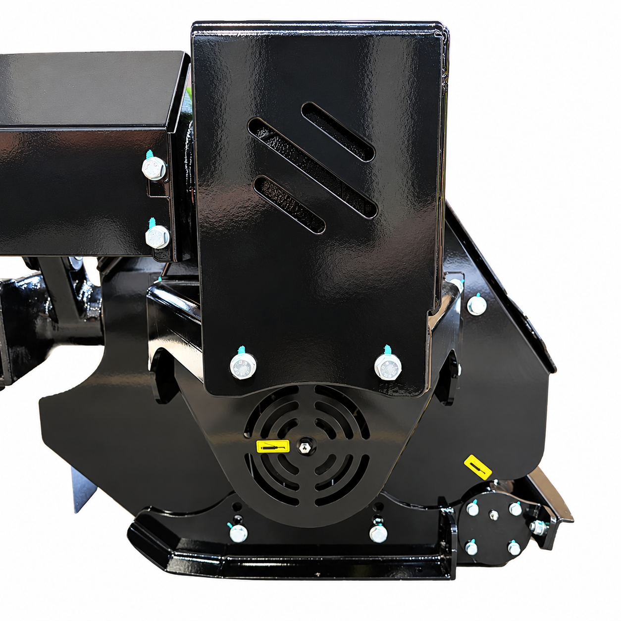 Close-up of a shiny black industrial machine part with bolts, vents, and circular grills against a white background. Yellow markings are visible on the lower section, reminiscent of components found in heavy-duty Paddock™ PTO Offset Verge Flail Mowers by Paddock, typically used with tractor mowers.