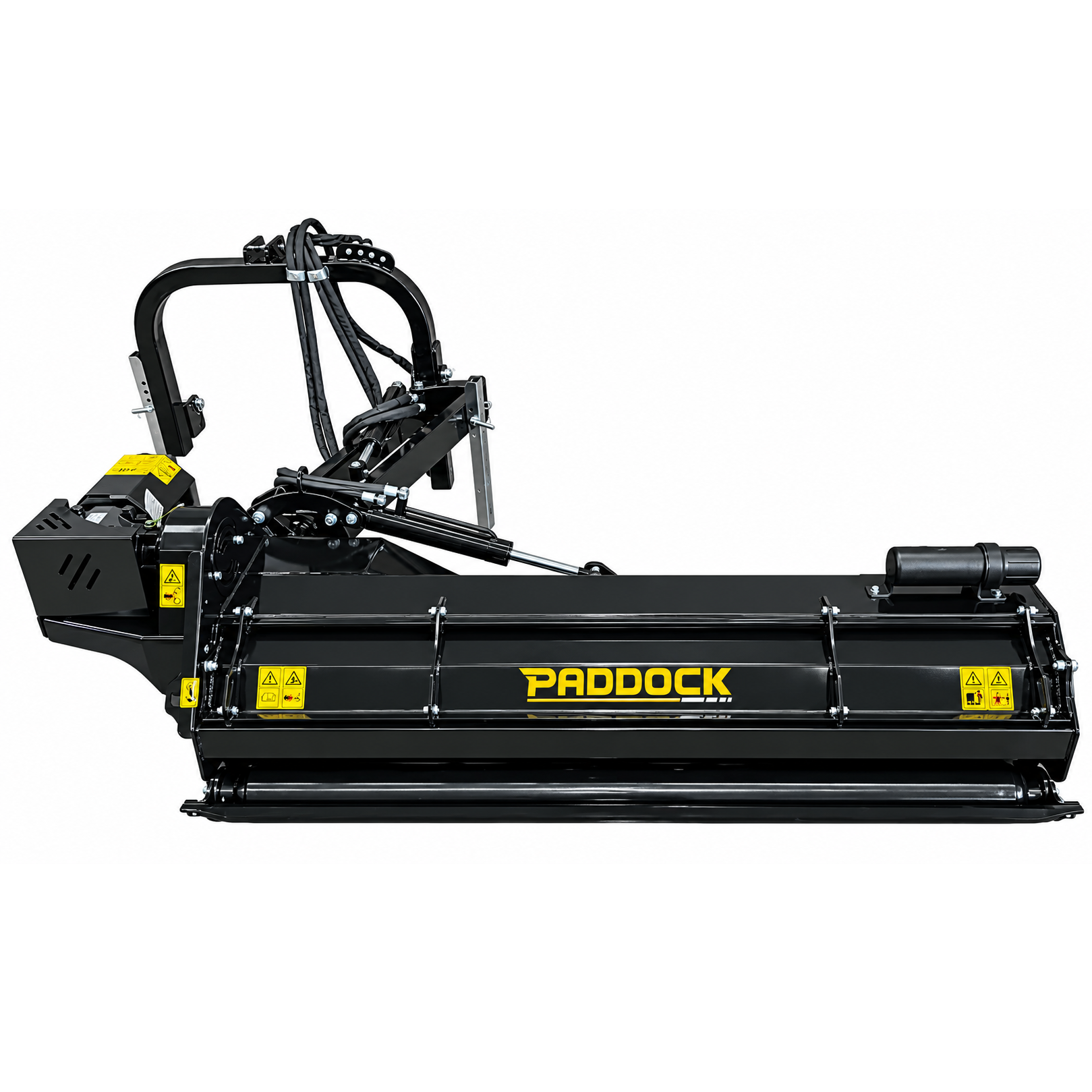 The Paddock™ PTO Offset Verge Flail Mower by Paddock is a black industrial mower attachment featuring yellow safety decals, hydraulic hoses, and a rear roller. Designed as a heavy-duty tractor mower, it offers hydraulic side shift for versatile grass and brush cutting.