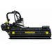 The Paddock™ PTO Offset Verge Flail Mower by Paddock is a black industrial mower attachment featuring yellow safety decals, hydraulic hoses, and a rear roller. Designed as a heavy-duty tractor mower, it offers hydraulic side shift for versatile grass and brush cutting.