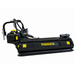 A black and yellow Paddock™ PTO Offset Verge Flail Mower, a heavy-duty tractor attachment by Paddock designed for mowing or cutting vegetation, featuring hydraulic hoses and safety labels, isolated on a white background.
