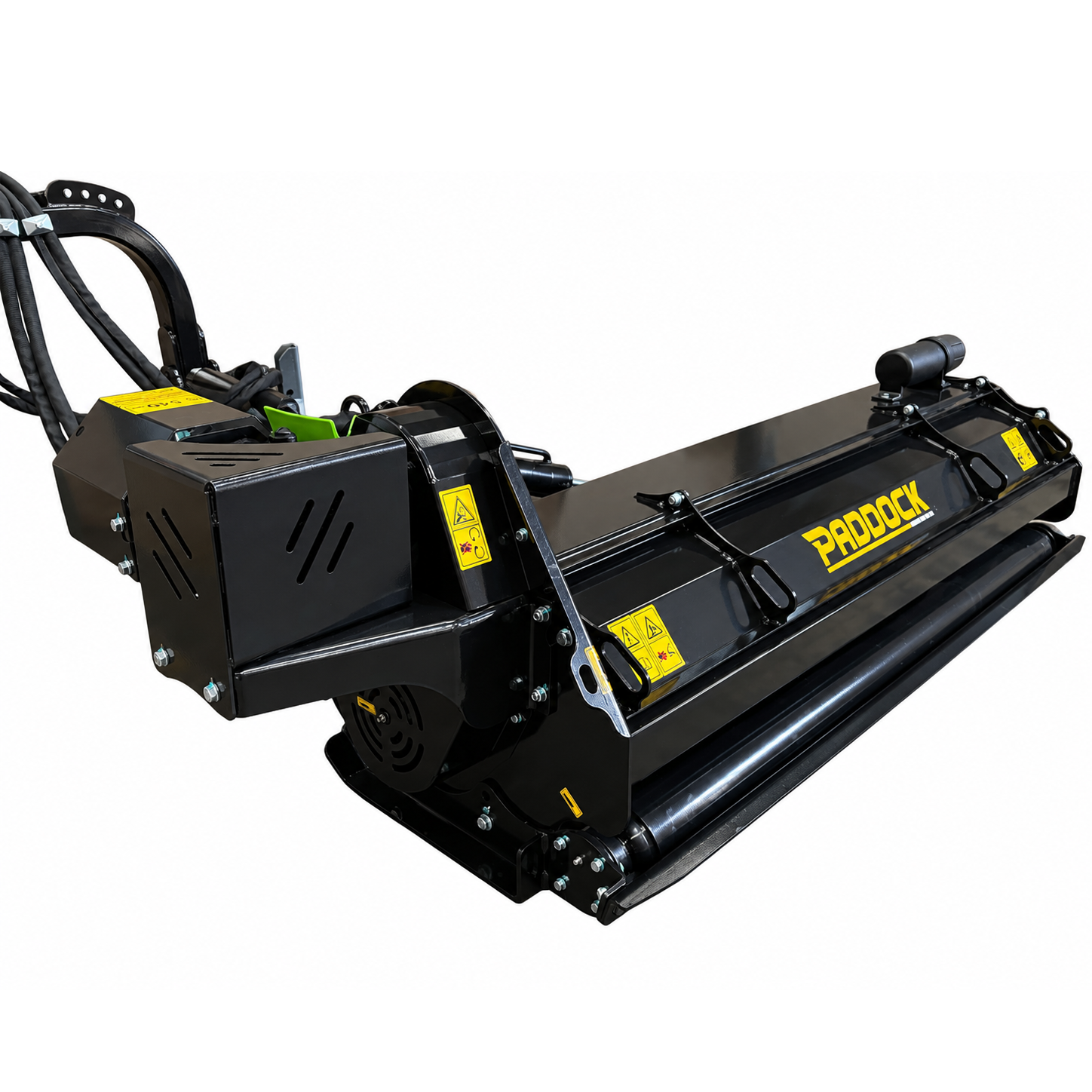 Introducing the Paddock™ PTO Offset Verge Flail Mower by Paddock—a black, heavy-duty flail mower attachment featuring prominent PADDOCK branding, safety warning labels, hydraulic hoses, and a robust protective housing. Designed for compatibility with tractors as a durable mowing solution, this model is equipped with a hydraulic side shift function for versatile operation and efficient mowing along verges or in tight spaces.