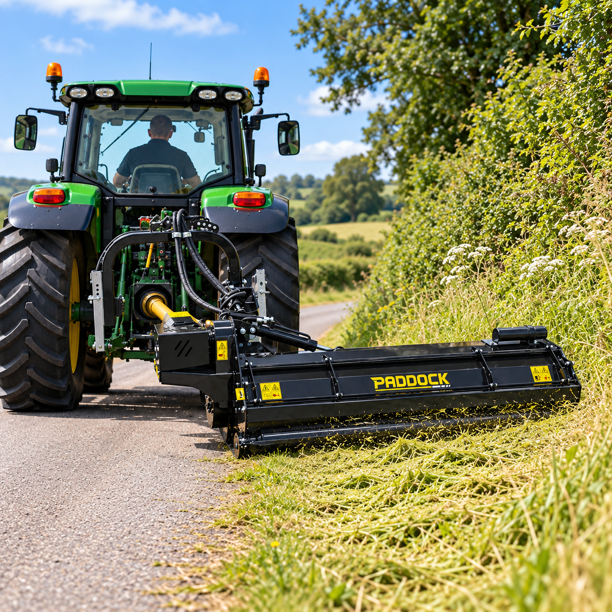 A green tractor equipped with a Paddock™ PTO Offset Verge Flail Mower trims roadside grass along a rural path. This heavy-duty mower by Paddock is actively cutting vegetation at the road’s edge beneath a sunny sky.