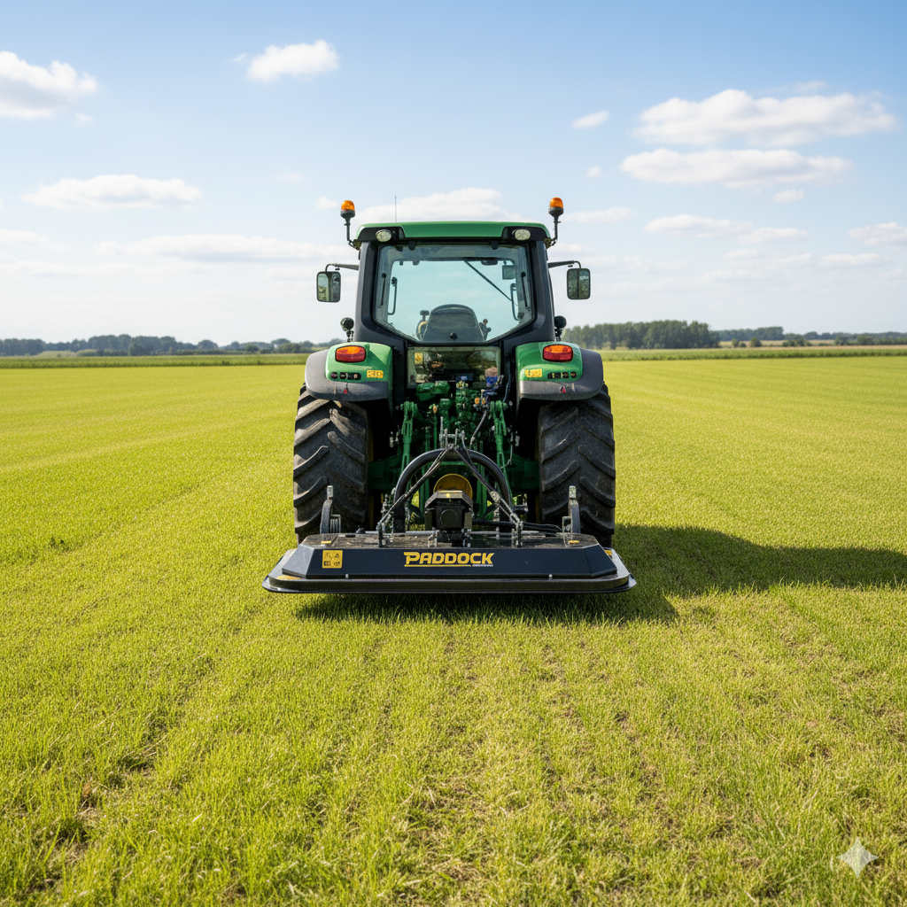 A Paddock Tractor PTO Finishing Mower by Paddock trims grass on a large, flat field under a blue sky with scattered clouds. Viewed from behind, it leaves neat lines on the well-kept grass.