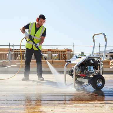 A construction worker in a safety vest uses the Paddock 3000 PSI Cold Water Pressure Washer by Paddock to clean a wooden floor at a building site, with construction materials and scaffolding visible in the background.