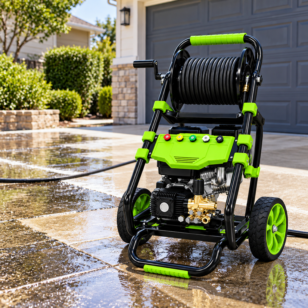 A green and black Paddock™ 3,200 PSI Cold Water Pressure Washer with Hose Reel is on a wet driveway in front of a house and garage, surrounded by greenery on a sunny day. This Paddock model features a commercial triplex pump, making it ideal for tackling tough cleaning jobs.